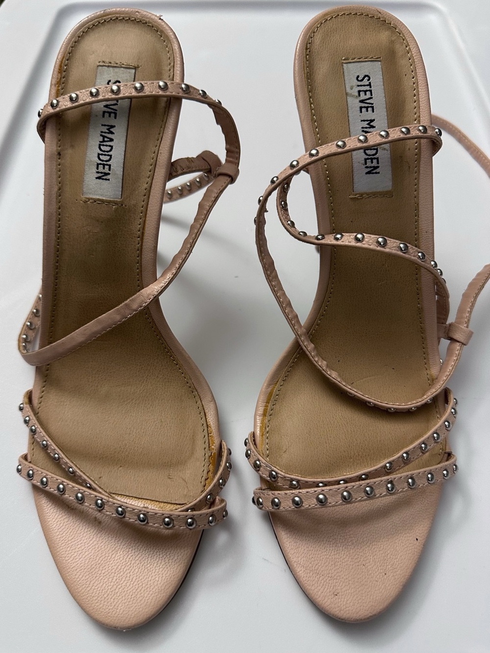 Steve Madden Leather Nude Blush Pink Studded Strappy Heels Chic Y2K - Picture 2 of 11